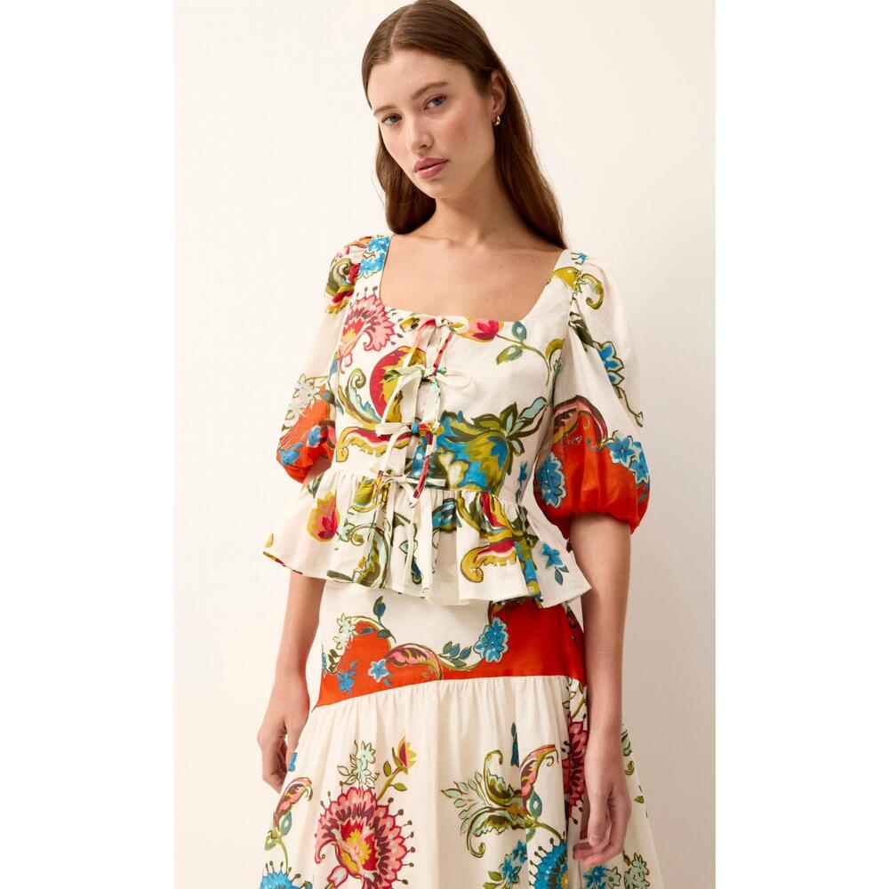 NEW MARIE OLIVER tora puff sleeve peplum top in cartagena